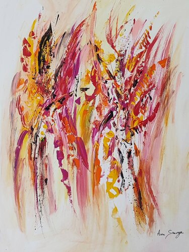 Les flammes vivantes - tableau abstrait vertical orange rouge jaune di ÂME SAUVAGE, Pittura in vendita su Singulart