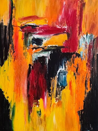 Oiseau en safari - tableau abstrait rouge orange jaune bleu noir van ÂME SAUVAGE, Schilderij te koop op Singulart