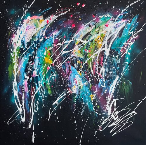 Mondes en création - grand tableau abstrait coloré sur fond noir von ÂME SAUVAGE, Malerei kaufen auf Singulart