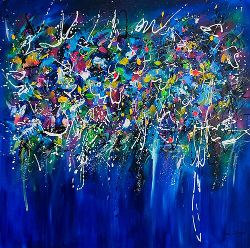 Le grand final - grand tableau abstrait bleu moderne van ÂME SAUVAGE, Schilderij te koop op Singulart