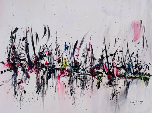 Obstacles - tableau abstrait gris noir blanc et touches de couleurs di ÂME SAUVAGE, Pittura in vendita su Singulart