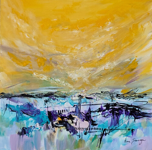 Afflux solaire - tableau abstrait jaune violet ÂME SAUVAGE
