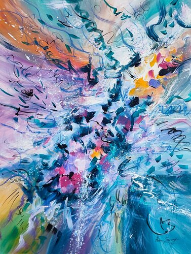 Les nageurs - tableau abstrait bleu van ÂME SAUVAGE, Schilderij te koop op Singulart