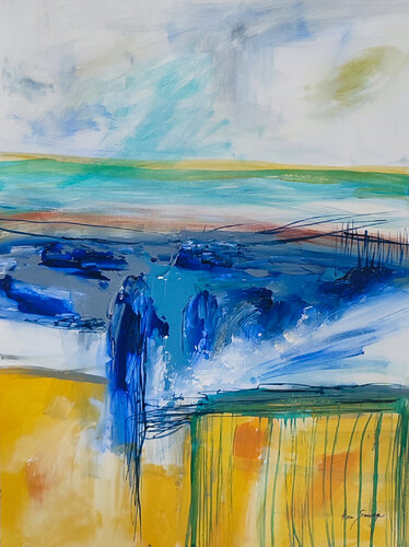 Un lac déborde - tableau abstrait bleu jaune by ÂME SAUVAGE, 회화 for Sale on Singulart