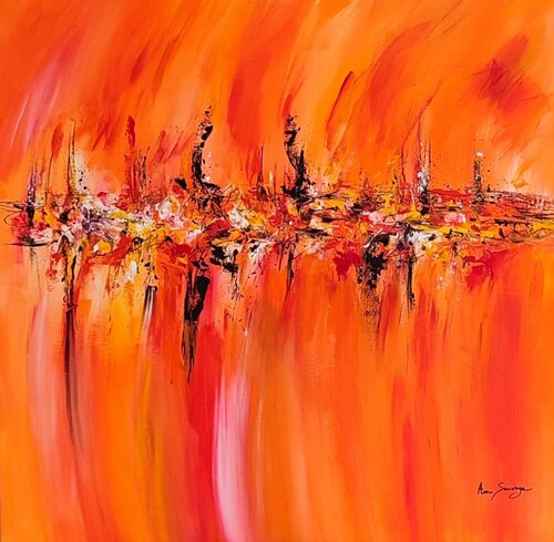 Environnement chaleureux - grand tableau orange abstrait van ÂME SAUVAGE, Schilderij te koop op Singulart