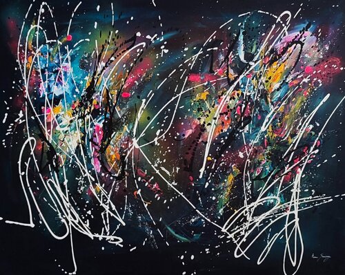 Le tracé des étoiles - grand tableau abstrait design flashy coloré van ÂME SAUVAGE, Schilderij te koop op Singulart