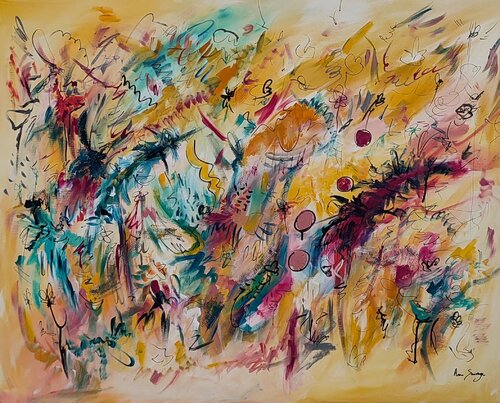 Fruits et saveurs - grand tableau abstrait jaune et multicolore von ÂME SAUVAGE, Malerei kaufen auf Singulart