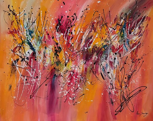 Rose et lumières - grand tableau abstrait orange van ÂME SAUVAGE, Schilderij te koop op Singulart