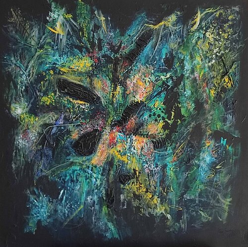 Profondeur - grand tableau abstrait noir avec reliefs et matières by ÂME SAUVAGE, Painting for Sale on Singulart