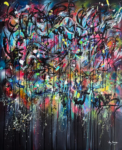 Psychédélique - tableau abstrait multicolore sur fond noir van ÂME SAUVAGE, Schilderij te koop op Singulart
