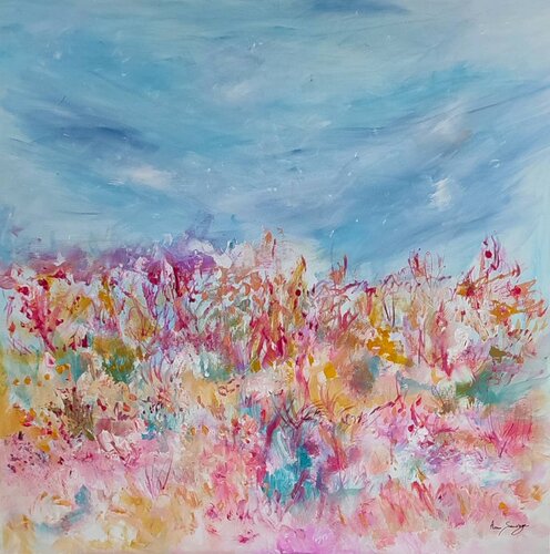 Fleurs d'amour - grand tableau fleurs moderne van ÂME SAUVAGE, Schilderij te koop op Singulart