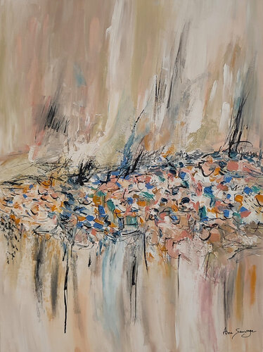 Fleurs pastel - tableau abstrait beige avec matière et reliefs van ÂME SAUVAGE, Schilderij te koop op Singulart