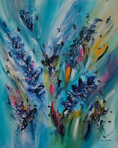 Nuée de papillons 2 - tableau abstrait vertical bleu van ÂME SAUVAGE, Schilderij te koop op Singulart