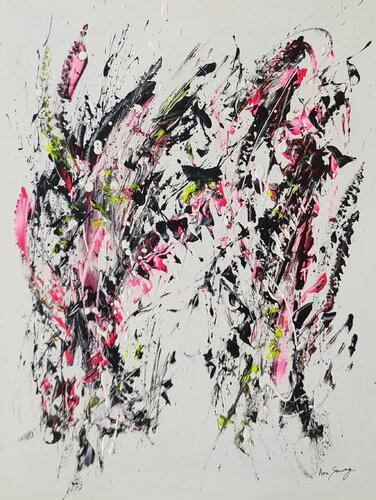 Course folle - tableau abstrait noir blanc rose vertical van ÂME SAUVAGE, Schilderij te koop op Singulart