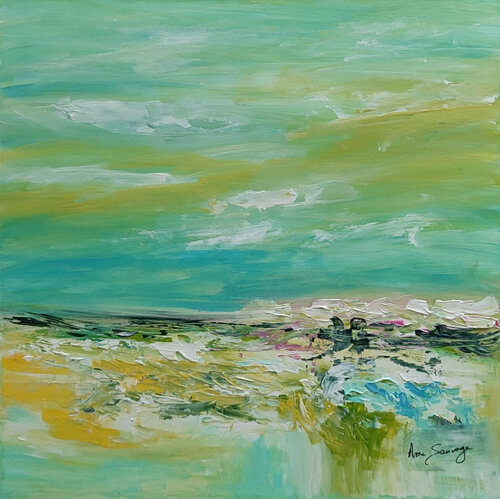 Paysage vert bleu - tableau abstrait vert et bleu van ÂME SAUVAGE, Schilderij te koop op Singulart