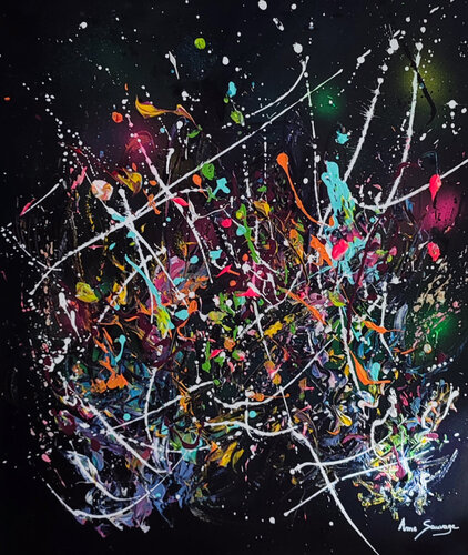 Rêve nocturne - tableau abstrait flashy multicolore fond noir van ÂME SAUVAGE, Schilderij te koop op Singulart