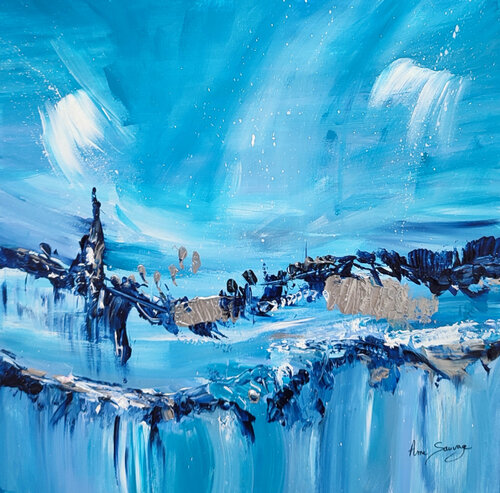 Jeux d'enfants, sur la neige - tableau abstrait bleu et argent ÂME SAUVAGE