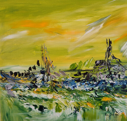 L'état sauvage - tableau abstrait jaune et vert van ÂME SAUVAGE, Schilderij te koop op Singulart