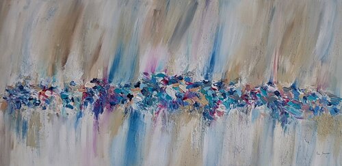 Entremêlés - tableau abstrait panoramique beige bleu van ÂME SAUVAGE, Schilderij te koop op Singulart