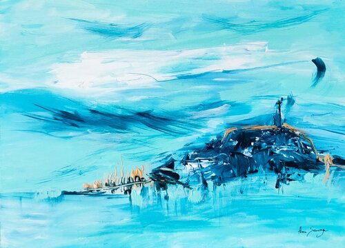 La croix sous la lune - tableau abstrait bleu turquoise van ÂME SAUVAGE, Schilderij te koop op Singulart