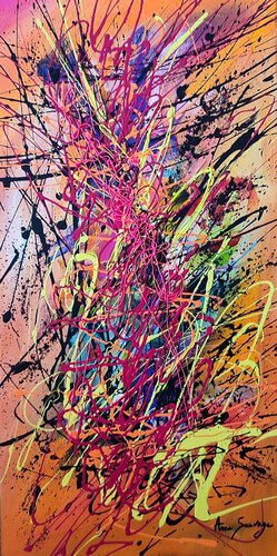 Energies rouges - tableau abstrait orange panoramique vertical van ÂME SAUVAGE, Schilderij te koop op Singulart