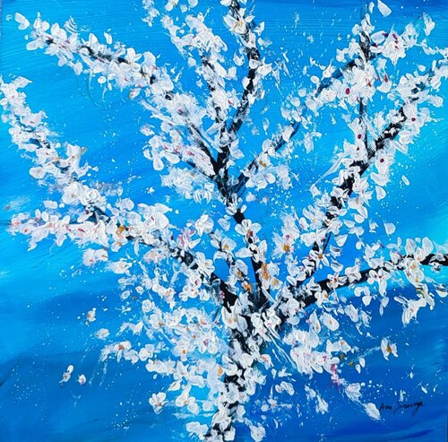 Les fleurs blanches - tableau abstrait bleu fleurs van ÂME SAUVAGE, Schilderij te koop op Singulart