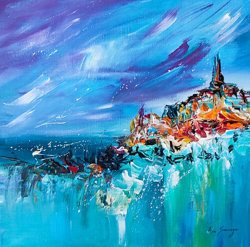 Le mont englouti - tableau abstrait bleu by ÂME SAUVAGE, Painting for Sale on Singulart