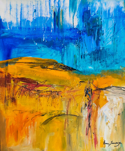 Sable du désert - tableau abstrait bleu jaune de ÂME SAUVAGE, Pintura a la venta en Singulart