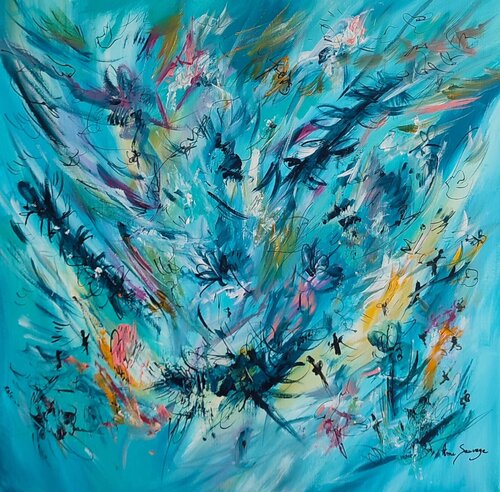 Les petits êtres volants - tableau abstrait bleu van ÂME SAUVAGE, Schilderij te koop op Singulart