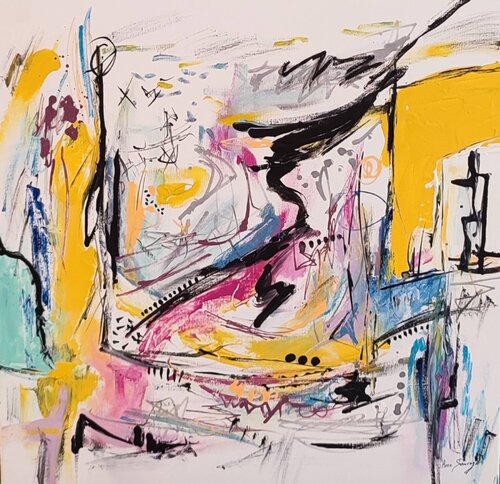 Le skieur cubique - tableau abstrait coloré van ÂME SAUVAGE, Schilderij te koop op Singulart