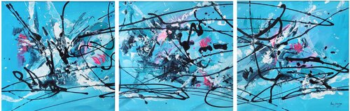 La danse en mer - tableau triptyque bleu par ÂME SAUVAGE, Peinture en vente sur Singulart