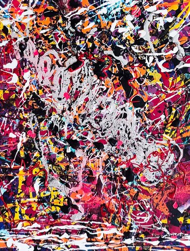 La foule en concert - tableau abstrait rouge noir van ÂME SAUVAGE, Schilderij te koop op Singulart