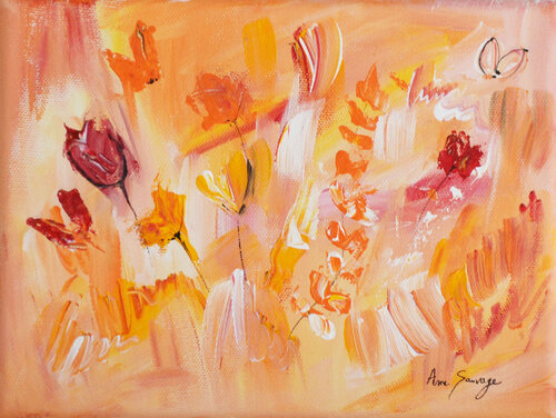 Dessin floral - tableau abstrait orange fleurs van ÂME SAUVAGE, Schilderij te koop op Singulart