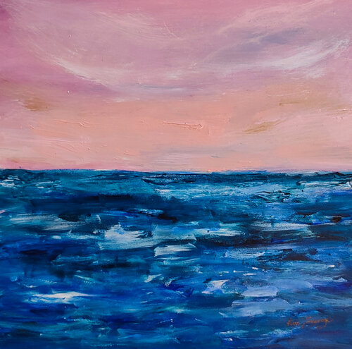 Calme au crépuscule - tableau abstrait bleu rose mer par ÂME SAUVAGE, Peinture en vente sur Singulart