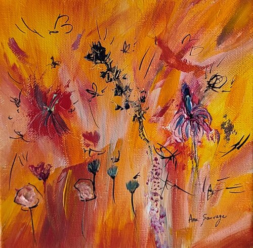 L'été revient - tableau abstrait orange fleurs van ÂME SAUVAGE, Schilderij te koop op Singulart