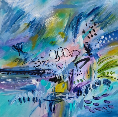 Drôle de monde - tableau abstrait bleu vert de ÂME SAUVAGE, Pintura a la venta en Singulart