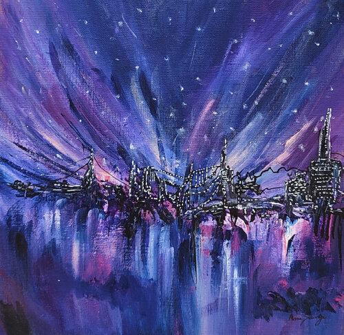 Nuit étoileé sur la ville - tableau abstrait violet ÂME SAUVAGE
