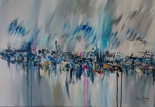 La fin d'un rêve - tableau abstrait gris bleu van ÂME SAUVAGE, Schilderij te koop op Singulart