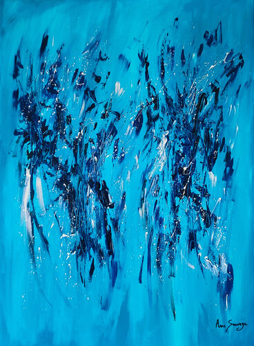 Fleurs noires - tableau abstrait bleu van ÂME SAUVAGE, Schilderij te koop op Singulart
