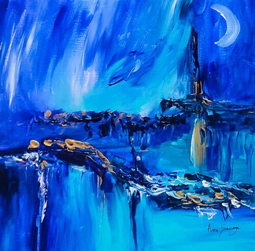 L'or du pays froid - tableau abstrait bleu or by ÂME SAUVAGE, Painting for Sale on Singulart