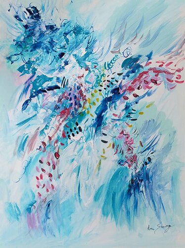 Un banc de poissons - tableau abstrait bleu by ÂME SAUVAGE, Painting for Sale on Singulart