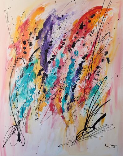 Feu et eau - tableau abstrait vertical coloré multicolore van ÂME SAUVAGE, Schilderij te koop op Singulart