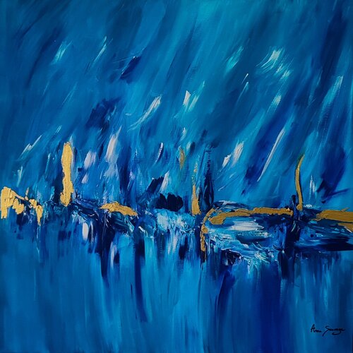 L'or des mers 2 - tableau abstrait bleu et or avec feuilles d'or véritable 24 carats de ÂME SAUVAGE, Pintura a la venta en Singulart