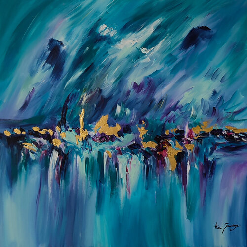 L'or oublié des océans - tableau abstrait bleu et or avec feuilles d'or véritable 24 carats de ÂME SAUVAGE, Pintura a la venta en Singulart
