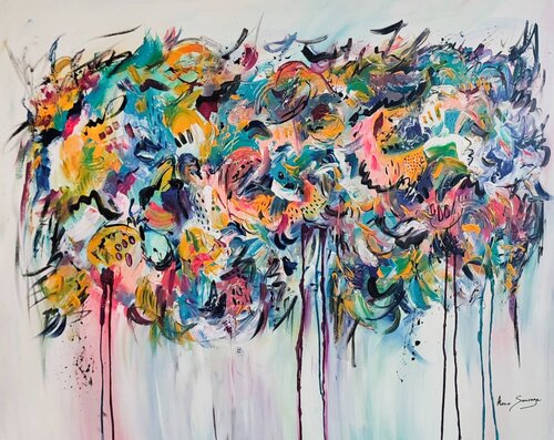 Objets et formes - grand tableau abstrait multicolore van ÂME SAUVAGE, Schilderij te koop op Singulart