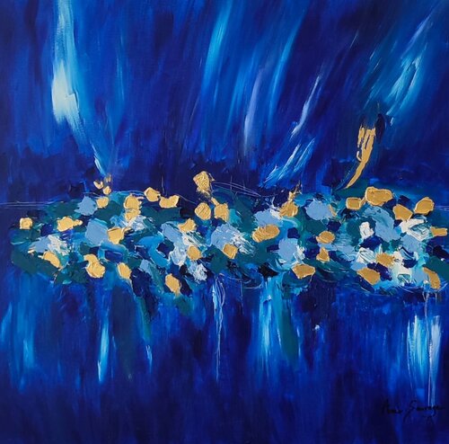 Fleurs d'or - tableau abstrait bleu et or avec feuilles d'or véritable 24 carats van ÂME SAUVAGE, Schilderij te koop op Singulart