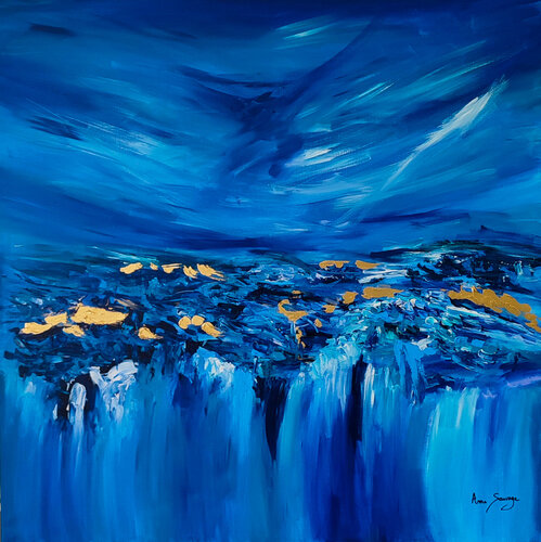 Bleu et or 2 - tableau abstrait bleu et or avec feuilles d'or véritable 24 carats de ÂME SAUVAGE, Pintura a la venta en Singulart