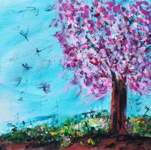 Le grand cerisier en fleurs - tableau abstrait arbre de ÂME SAUVAGE, Pintura a la venta en Singulart