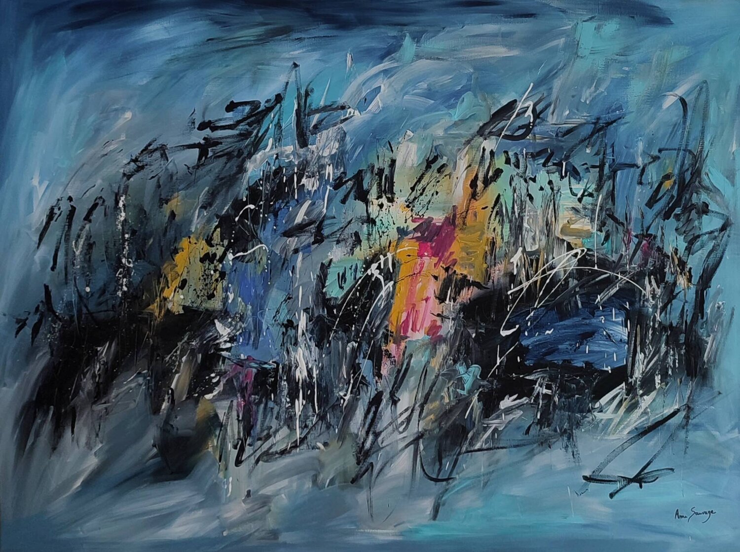 Le bleu de l'océan - grand tableau bleu moderne ÂME SAUVAGE Peinture originale à vendre