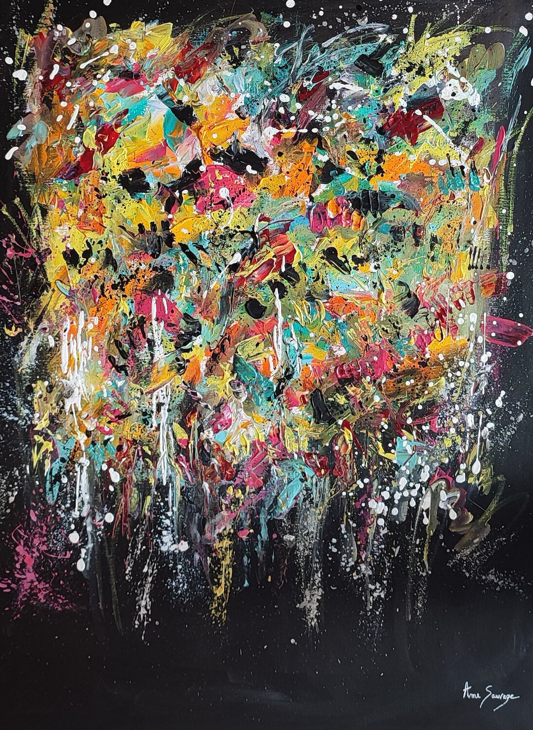 Les fleurs du néant - tableau abstrait coloré sur fond noir ÂME SAUVAGE Peinture originale à vendre